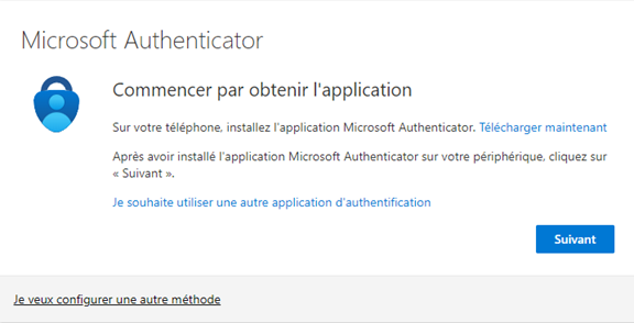 Fenêtre de Microsoft Authenticator. Texte: Commencer par obtenir l'application