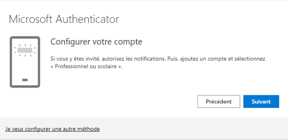 Fenêtre Microsoft Authenticator. Text: Configurer votre compte. Bouton Suivant